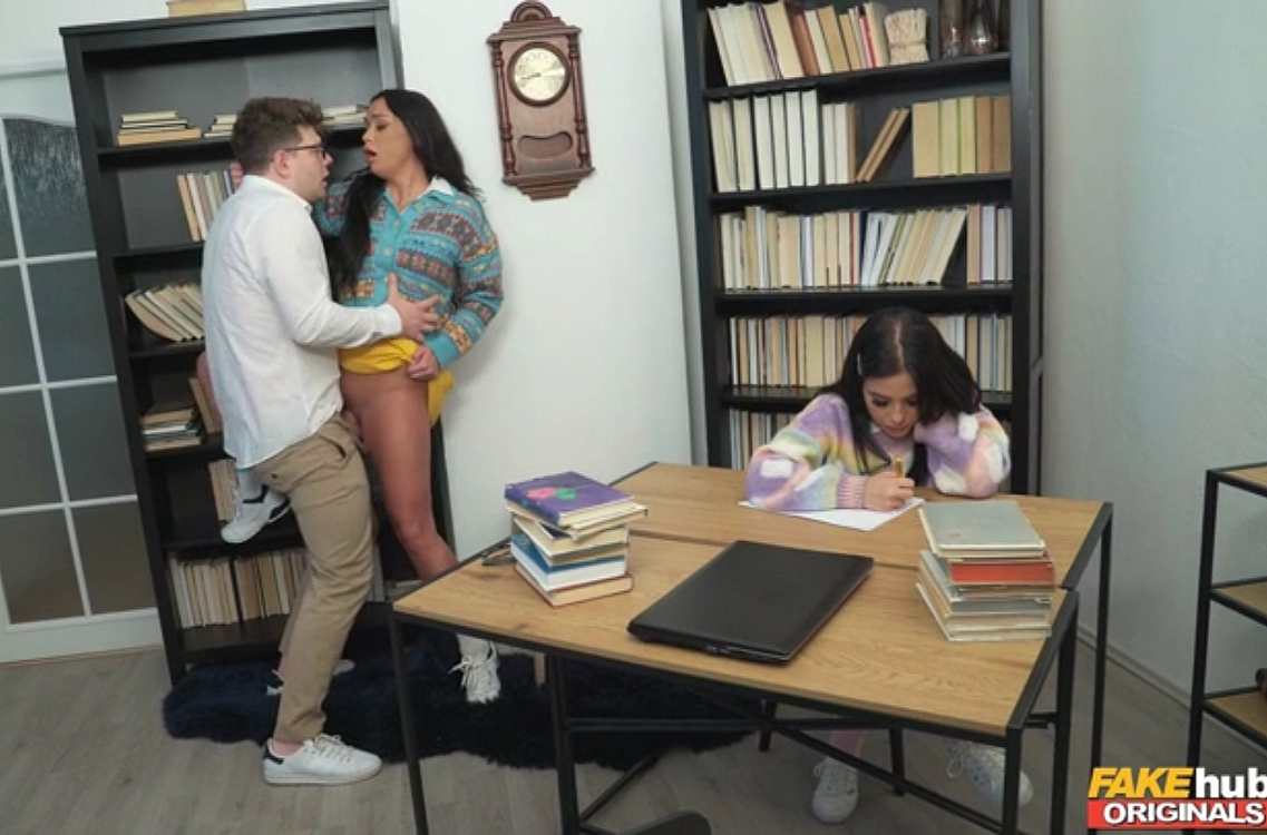 Daphne Klyde Maria Wars Michael Fly FakeHub FakehubOriginals - Study Room Shag , Library Sex Threesome , Library Porn